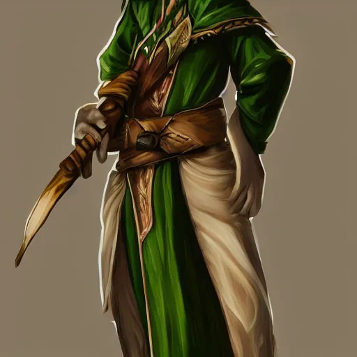 Image similar to A portrait of a adolescent male half-elf wizard who is tall and slim, focus on face, short brown hair, smiling, deep green eyes, robes, staff, sharp focus, highly detailed, photograph, cinematic, dynamic lighting, trending on artstation, digital painting