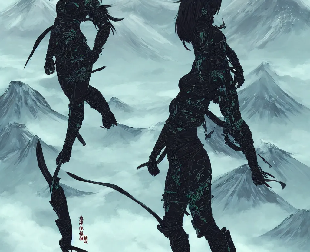 Image similar to portrait ninja gaiden girl, black plus little green ninja wardrobe, at storm snowy fuji mountain sunrise, ssci - fi and fantasy, intricate and very very beautiful, detailed, digital painting, artstation, concept art, smooth and sharp focus, illustration, art by tian zi and wlop and alphonse mucha