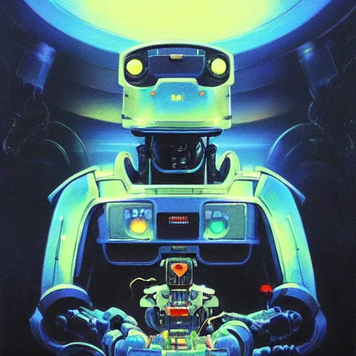 Image similar to a dark and colorful close - up of a sci - fi mecha cat robot with led lights glowing fog in the background. highly detailed science fiction painting by norman rockwell, frank frazetta, and syd mead. rich colors, high contrast, gloomy atmosphere, dark background. trending on artstation