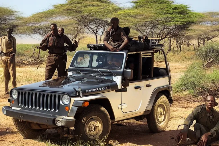 Image similar to cinematography police sitting on jeep in Africa by Emmanuel Lubezki