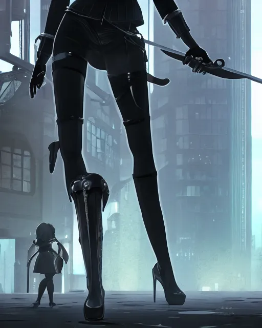 Image similar to 2B from Nier Automata and with slender body type standing in front of a large building holding a sword, cartoon illustration, trending in artstation, artstationHD, artstationHQ, cyberpunk 8k