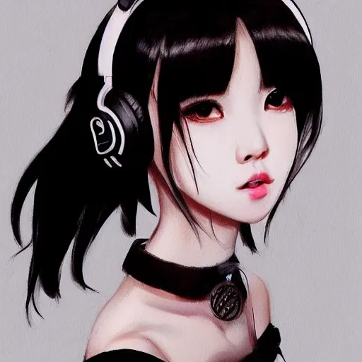 Image similar to realistic beautiful gorgeous buxom natural cute Blackpink Lalisa Manoban black hair cute fur black cat ears, wearing white camisole, headphones, black leather choker artwork drawn full HD 4K highest quality in artstyle by professional artists WLOP, Taejune Kim, Guweiz on Pixiv Artstation