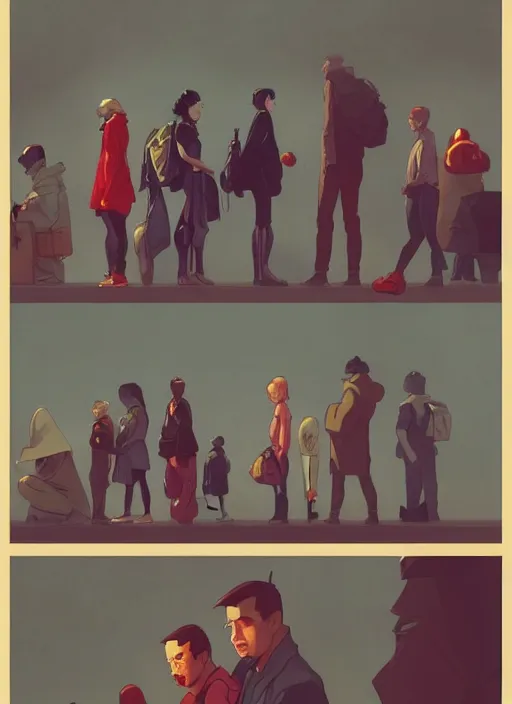 Prompt: a queue of depressed people lining up infront of an apple store, in the style of artgerm, gerald brom, atey ghailan and mike mignola, vibrant colors and hard shadows and strong rim light, plain background, comic cover art, trending on artstation