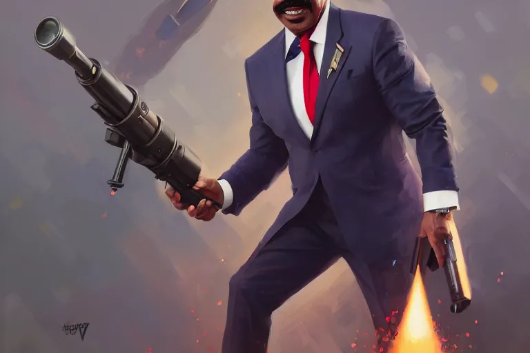 Image similar to portrait of steve harvey with a rocket launcher, family fued set, charlie bowater, artgerm, ilya kuvshinov, krenz cushart, ruan jia, realism, ultra detailed, 8 k resolution