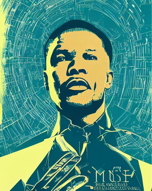 Image similar to musk ( 2 0 2 4 ), jamie foxx is technology mogul elon musk, minimal movie poster, solid colors, silhouettes, digital art