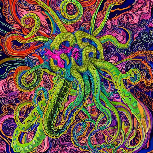 Image similar to psychedelic deepdream maximalist splashing eldritch tentacle tendril octopus nightmare hyperviolent deepdream maximalist hyperrealism realistical photo - realistic photography hell hellscape blitzkrieg ww 3 terror horror art victo ngai yoji shinkawa apophasis shintaro kago apophasis hyperrealism alphonse mucha yoji shinkawa apophasis