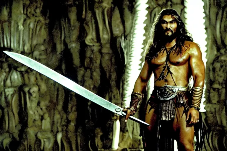 Image similar to 7 0 mm film still from conan the barbarian, jason momoa as conan holding a giant sword with both hands above his head wearing ornate dragon armor, in the wet catacombs of skulls and snakes, cinematic, volumetric lighting, mist, wet skin and windblown hair, muscular!!!, heroic masculine pose, ridley scott