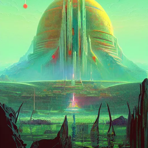 Image similar to a temple on a strange planet, by bruce pennington,, by kilian eng, by sam freio, by thomas rome, by victor mosquera, juxtapoz, behance, dayglo, prismatic