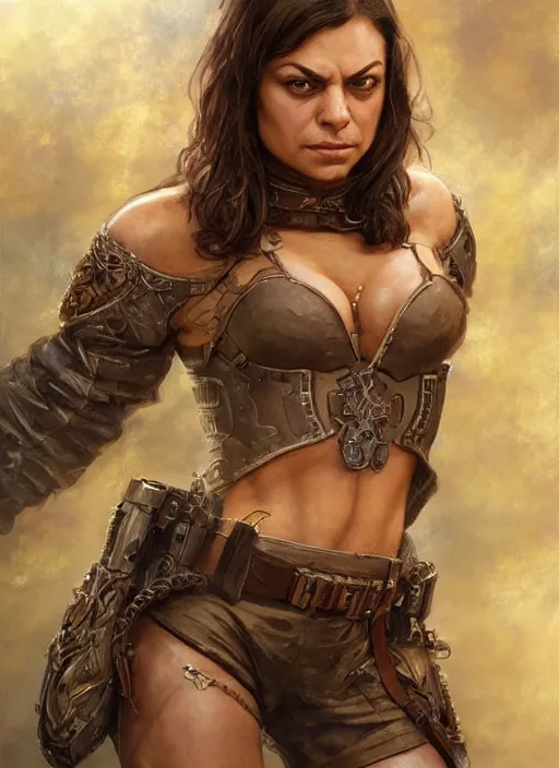 Image similar to muscled Mila Kunis grinning as a ruggedly handsome heroine, intricate, elegant, highly detailed, centered, artstation, concept art, smooth, sharp focus, illustration, bokeh art by artgerm and donato giancola and Joseph Christian Leyendecker, WLOP