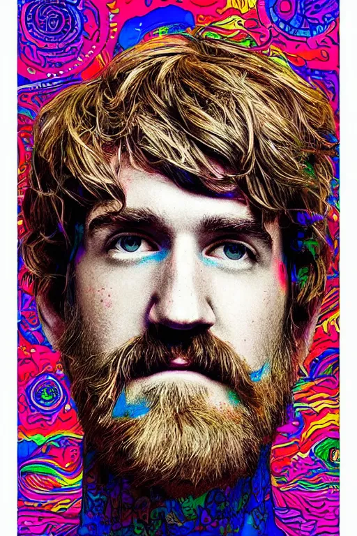 Image similar to inspirational style hope poster of bo burnham with beard, psychedelic colors, highly detailed, realistic, loving