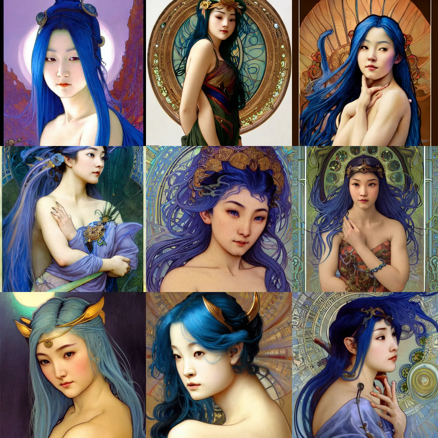 Prompt: stunning, breathtaking, awe-inspiring award-winning concept art nouveau painting of attractive Asian nymph with blue hair and pointy elven ears, as the goddess of the sun, with anxious, piercing eyes, by Alphonse Mucha, Michael Whelan, William Adolphe Bouguereau, John Williams Waterhouse, and Donato Giancola, cyberpunk, extremely moody lighting, glowing light and shadow, atmospheric, cinematic, 8K