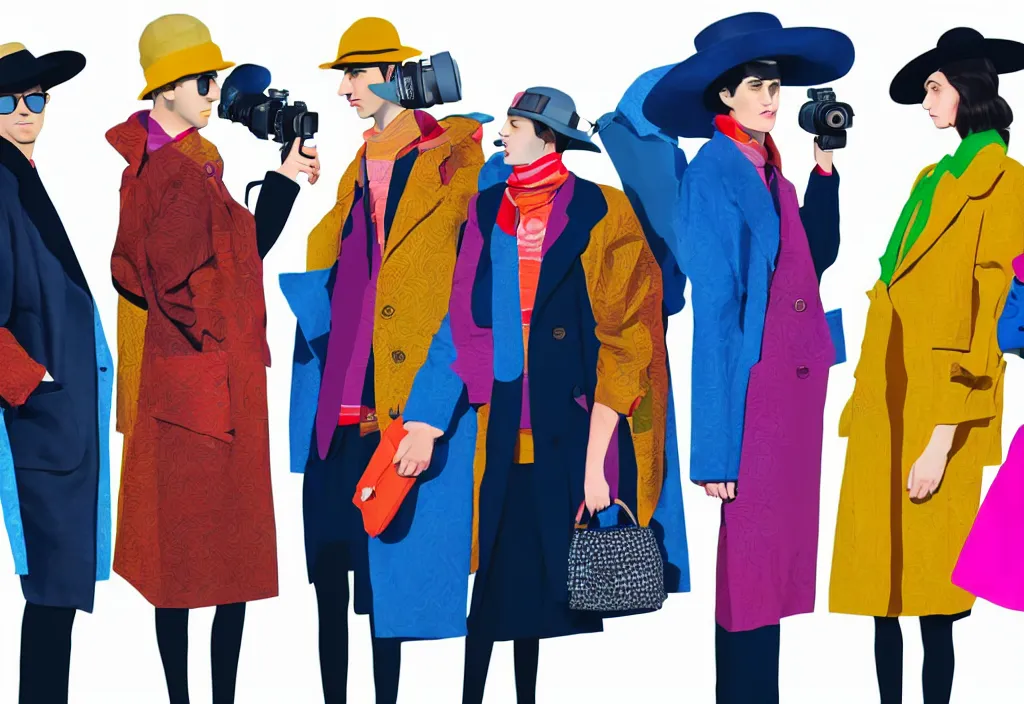 Image similar to full body portrait of a trio of young fashionable european tourists long pattern coat travel apparel, with nikon cameras, various poses shooting photos, character designs painting, in the style of wes anderson, rene magritte, lola dupre, david hockney, isolated on white background, dark monochrome neon spraypaint accents volumetric octane render