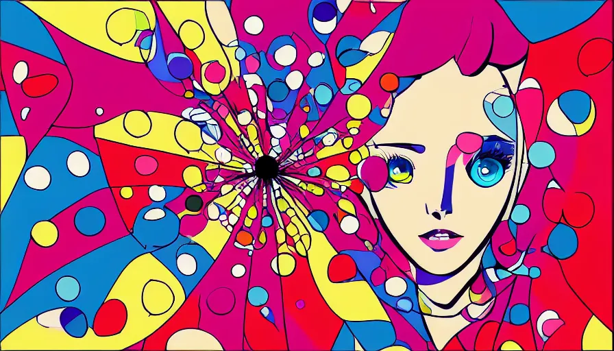 Image similar to twitter bot network pop art with symetric dots and very very very beaty anime female