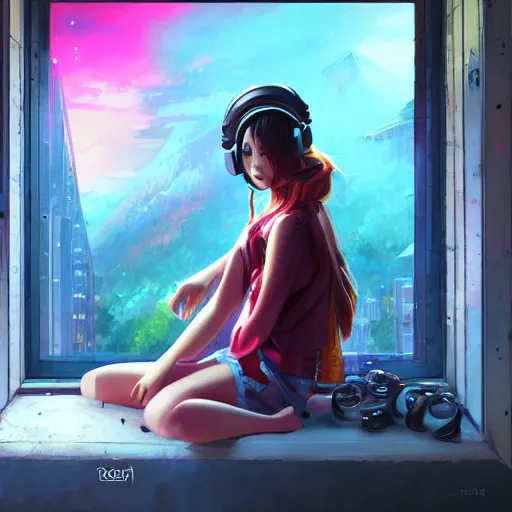 Image similar to lo-fi colorful masterpiece by Ross Tran, WLOP, Dan Mumford, Christophe Vacher, painting, asian girl, with headphones, studyng in bedroom, window with Tokyo view, lo-fi illustration style, by WLOP, by loish, by apofis, alive colors