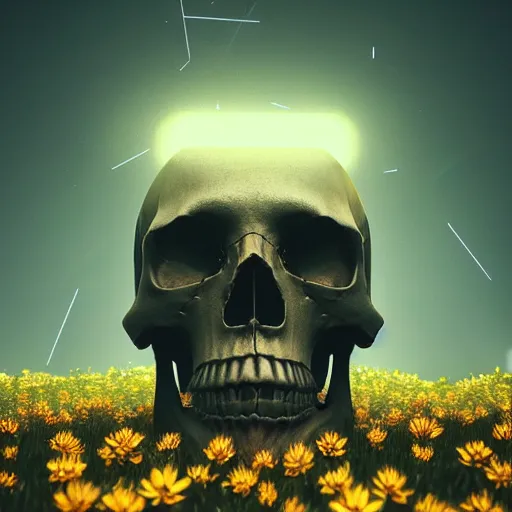 Image similar to beautiful dark landscape, justin sun skull head, beautiful flowers growing, in the style of beeple and mike winkelmann, intricate, epic lighting, cinematic composition, hyper realistic, 8 k resolution, unreal engine 5, raytracing, reflections, ultraviolet colors