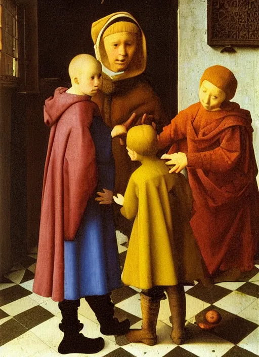 Image similar to Two little brothers meet a young man, medieval painting by Jan van Eyck, Johannes Vermeer, Florence