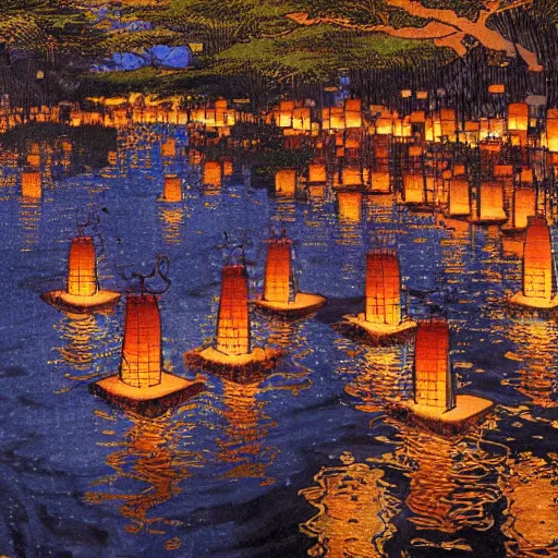 Image similar to concept art, river lanterns on the eve of ullambana festival, high resolution, by james gurney, katsushika hokusai, fujishima takeji, hiroshi yoshida, artstation