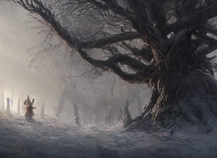 Prompt: a guard hiding on a tree as frost zombies march beneath, cinematic fantasy painting, dynamic perspective, raw feeling, game of thrones, jessica rossier and brian froud and marc simonetti