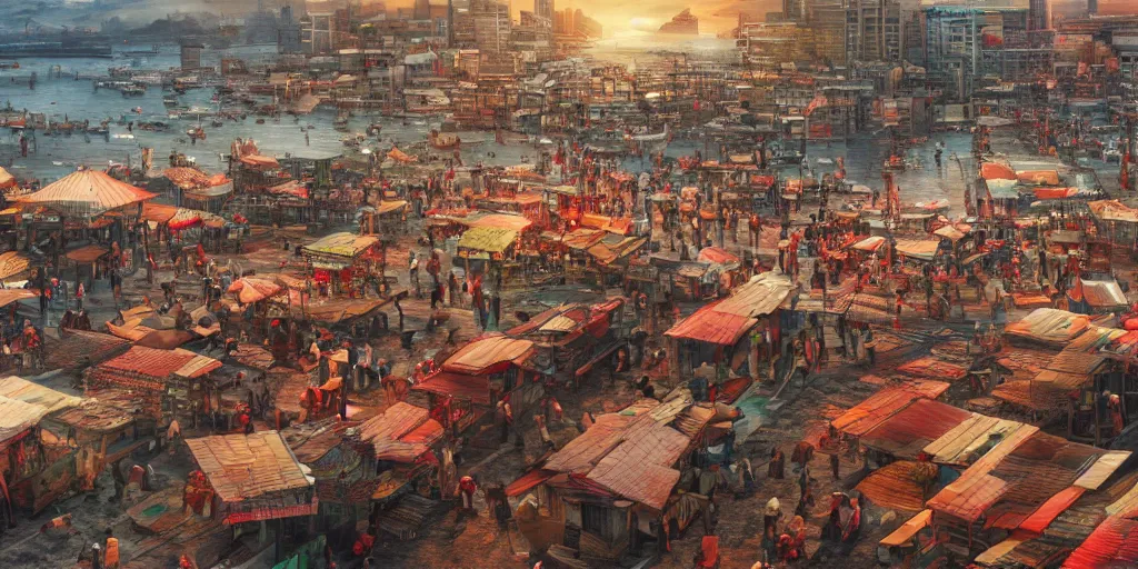 Image similar to beautiful panoramic, very busy indonesian fish market streching into the horizon, wallpaper, digital art, photorealistic, epic, trending on artstation, intricate, highly detailed, red color scheme