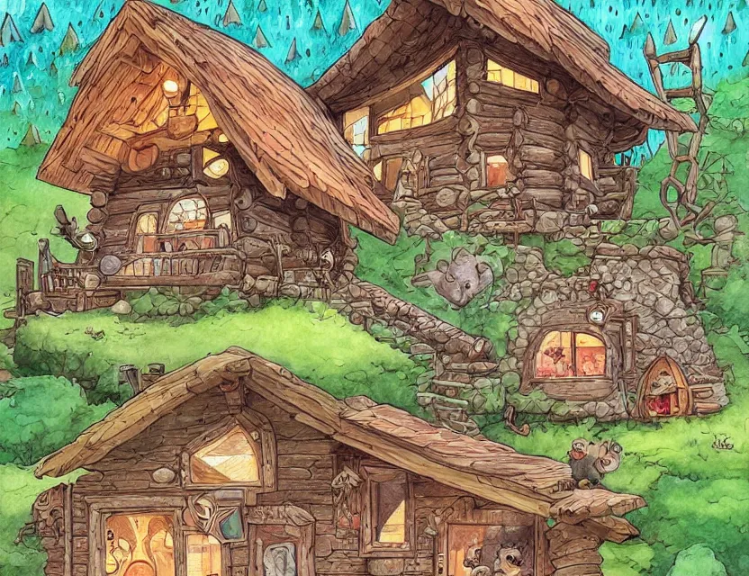 Image similar to cute and funny, a cozy cabin carved into a mountain, heavy rain, ratfink style by ed roth, centered award winning watercolor pen illustration, isometric illustration by chihiro iwasaki, edited by range murata, tiny details by artgerm and watercolor girl, sharply focused