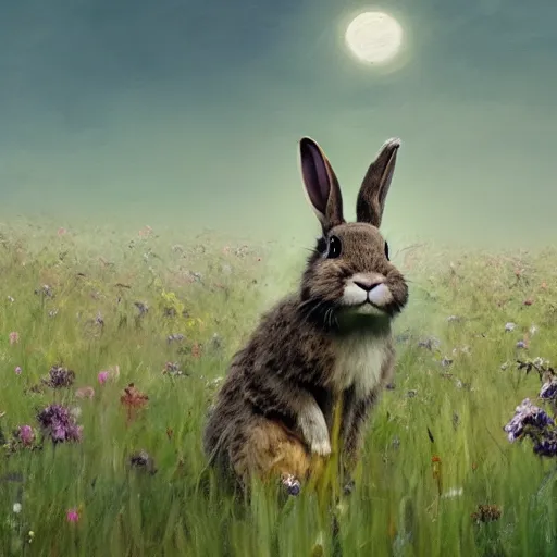 Image similar to A werebunny transforming in a field of flowers. Academic painting by Greg Rutkowski, Mobile still frame. 4K UHD