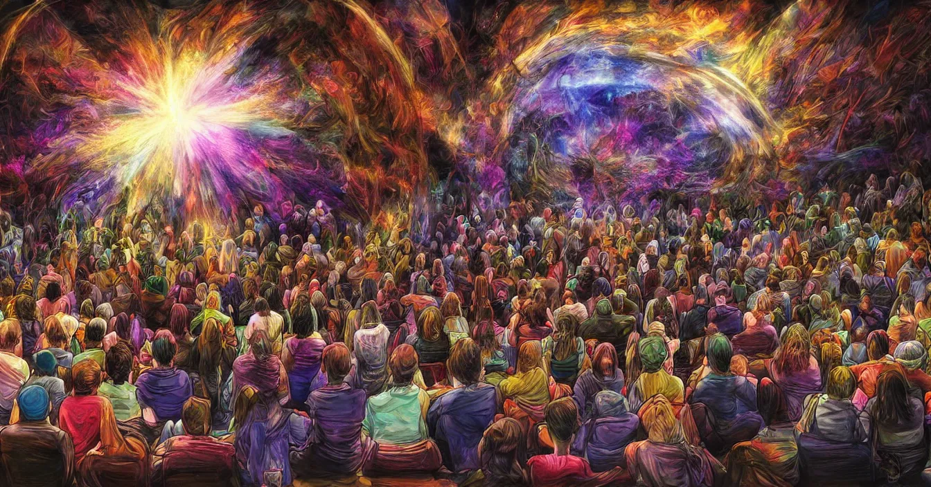 Prompt: rear view of the seated souls in the cinema watching volumetric light of consciousness projecting illusions of their lives on the big screen, trapped ego, realistic, deep sense of spirituality, digital art, style of arthur adams