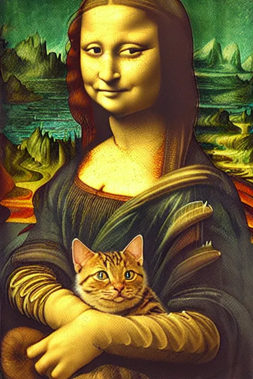 Prompt: A cat in the style of Leonardo da Vinci, like Mona Lisa