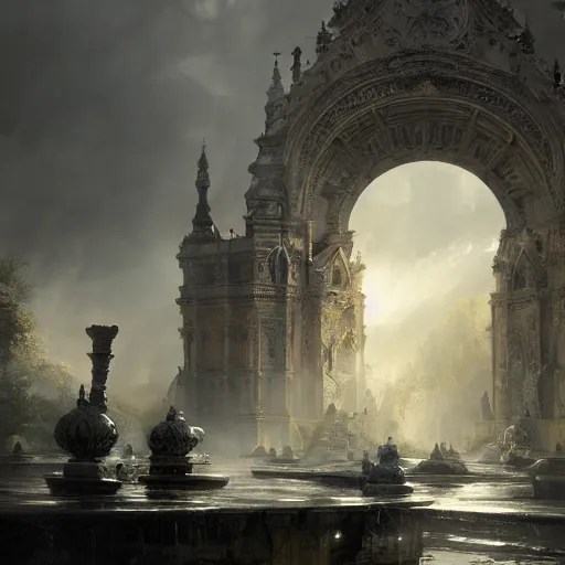 Image similar to gates of heaven, volumetric lighting, 8 k octane beautifully detailed render, post - processing, extremely hyper - detailed, intricate, epic composition, cinematic lighting, masterpiece, trending on artstation, detailed detailed detailed, masterpiece, stunning art by anders zorn, wonderful masterpiece by greg rutkowski, beautiful cinematic light,