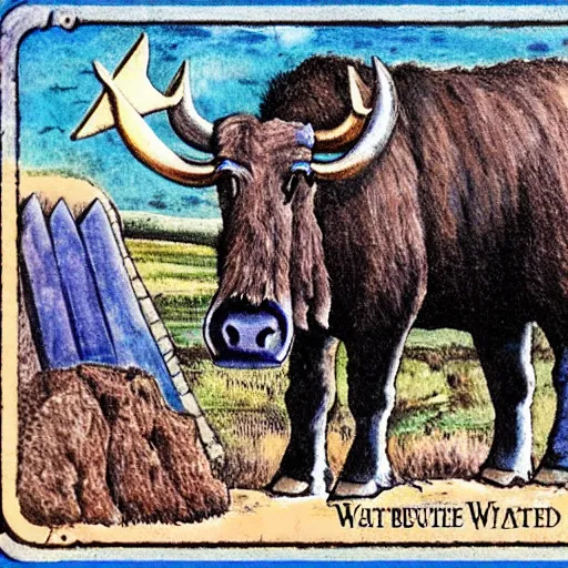 Image similar to big blue ox, rider waite style, tarot card