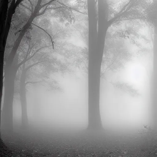 Prompt: mysterious and scary forest, mist, birds, a little daemond , 1972 photo