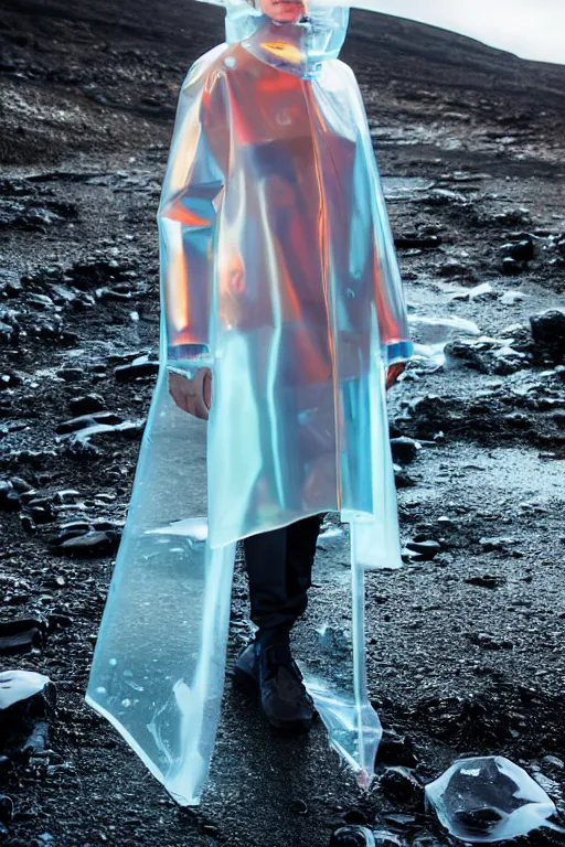 Image similar to an ultra high definition professional high fashion portrait studio full length photograph of a model wearing a transparent pearlescent raincoat and neon visor in an icelandic black rock environment at dawn. no artefacts. extremely detailed. stark. refraction. shallow depth of field. volumetric light and shadow. ray tracing. light rays.