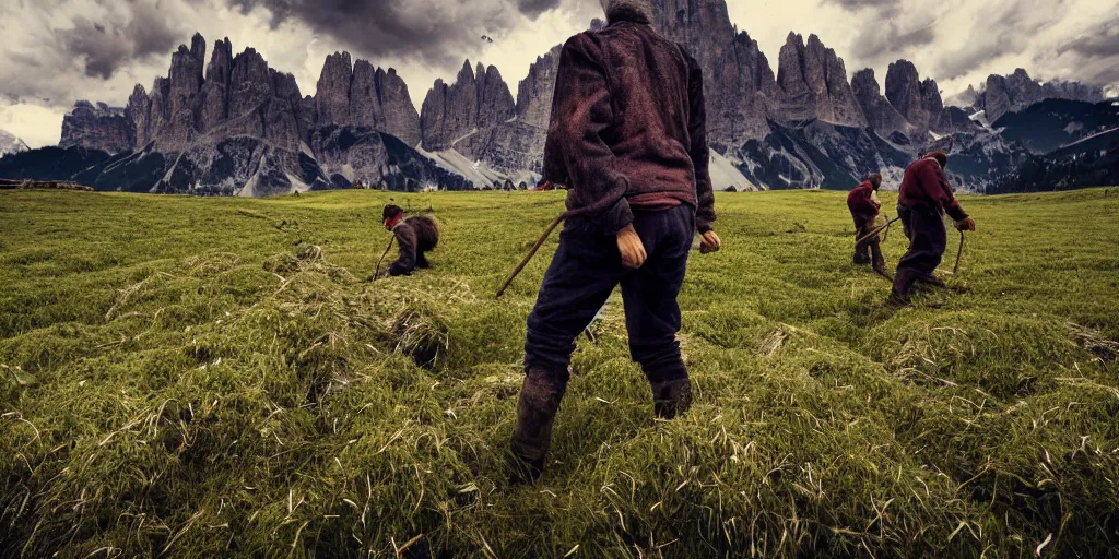 Prompt: alpine farmers turning into hay and root monsters, old pastures, dolomites in background, dark, eerie, despair, portrait photography, artstation, highly detailed, sharp focus, by cronneberg