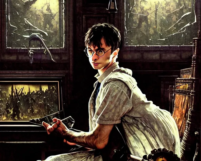 Image similar to a epic norman rockwell painting portrait of harry potter listening to music in a dark liminal space room, gritty tech, deep focus, fantasy, intricate, elegant, highly detailed, digital painting, artstation, concept art, matte, sharp focus, illustration, dark fantasy style art, resident evil, art by artgerm and greg rutkowski and alphonse mucha