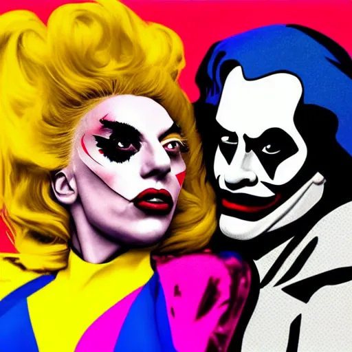 Image similar to richard hamilton and mimmo rottela as lady gaga harley queen and joaquin phoenix joker kissing, pop art, medium long shot, 2 color, justify content center, hyper detailed content, dynamic composition, 4 k, ultra realistic art, smooth, sharp focus, illustration, concept art, intricate details, h 7 6 8
