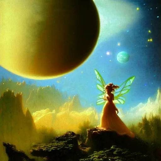 Prompt: a fairy next to a planet, by albert bierstadt, trending on artstation, hdr