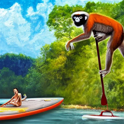 Image similar to a realistic oil paintig of a human - sized lemur on a stand up paddleboard floating down the middle of a river with cliffs on either side, digital art, highly detailed, landscape art, rule of thirds, summer lighting