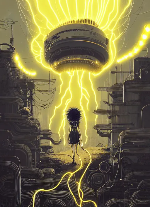 Prompt: highly detailed portrait of wasteland punk long curly glowing yellow and white plasma electricity hair tribal lady, stray electric spark wiring by atey ghailan, james gilleard, by joe fenton, by greg rutkowski, by greg tocchini, by kaethe butcher, 4 k resolution, gradient yellow, black and white color scheme!!! ( ( lightning cloudy robotic dystopian city background ) )