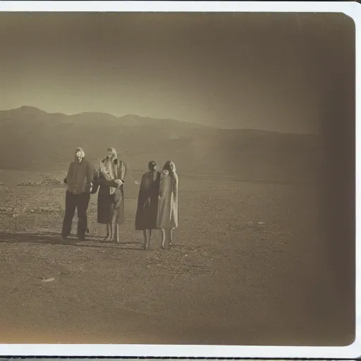 Image similar to really old polaroid photograph of horrorific extraterrestrial beings visiting earth,