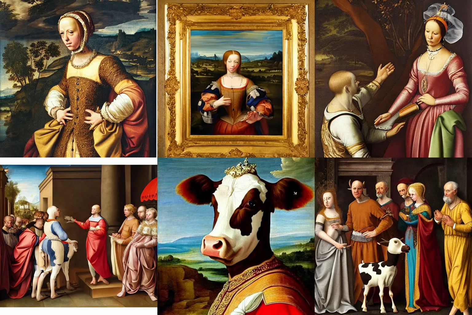 Prompt: a renaissance painting of a cow wearing royal clothes, high quality, high detail