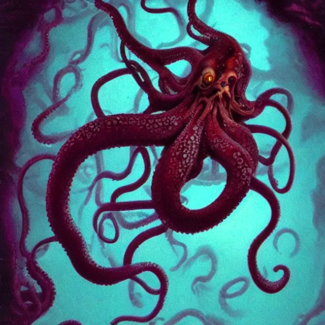 Prompt: phosphorescent skin of the tentacle squid horror, photograph created by del toro + lovecraft + realistic horrors + matte painting + dead souls