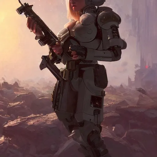 Prompt: Blonde female space marine with an anti-tank rifle in a futuristic setting, by greg rutkowski and thomas kinkade, Trending on artstation 4K.