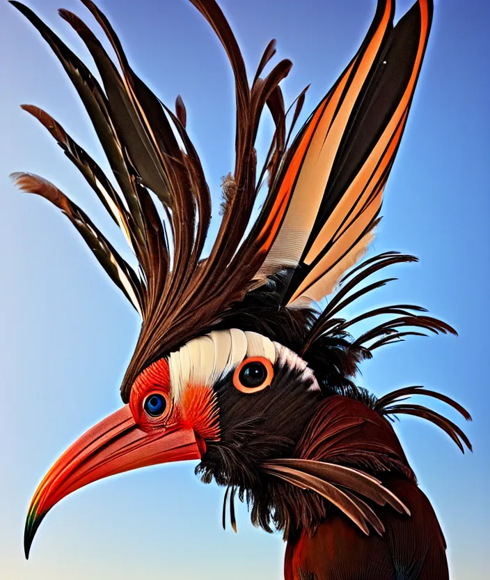 Prompt: a high resolution realistic photo portrait of a birdlike sculpture creature made of birds merged, creature wrinkles pheasant, feathers exotic morphing hoopoe, morphing wings king vulture head