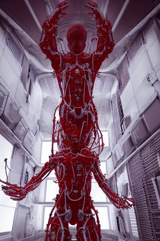 Prompt: white space station interior a statue jesus on cross made of red marble, perfect symmetrical body, full body shot, inflateble shapes, wires, tubes, veins, jellyfish, white biomechanical details, wearing epic bionic cyborg implants, masterpiece, intricate, biopunk, vogue, highly detailed, artstation, concept art, cyberpunk, octane render