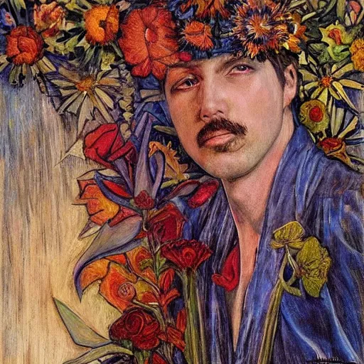 Image similar to masterpiece painting of a doug stanhope made of stylized flowers, by annie swynnerton and jean delville and tino rodriguez, flower mask, art deco shaman, symbolist, dramatic lighting, god rays, elaborate geometric ornament, clean crisp graphics, soft cool colors, smooth, sharp focus, extremely detailed