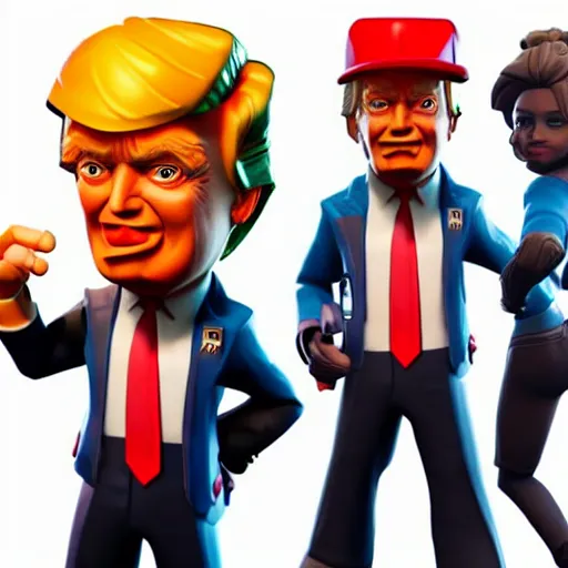 Image similar to donald trump fortnite skin smiling, presidential fortnite skin, sunny, detailed, unreal engine 4, trending on artstation, epic games fortnite trailer, detailed face