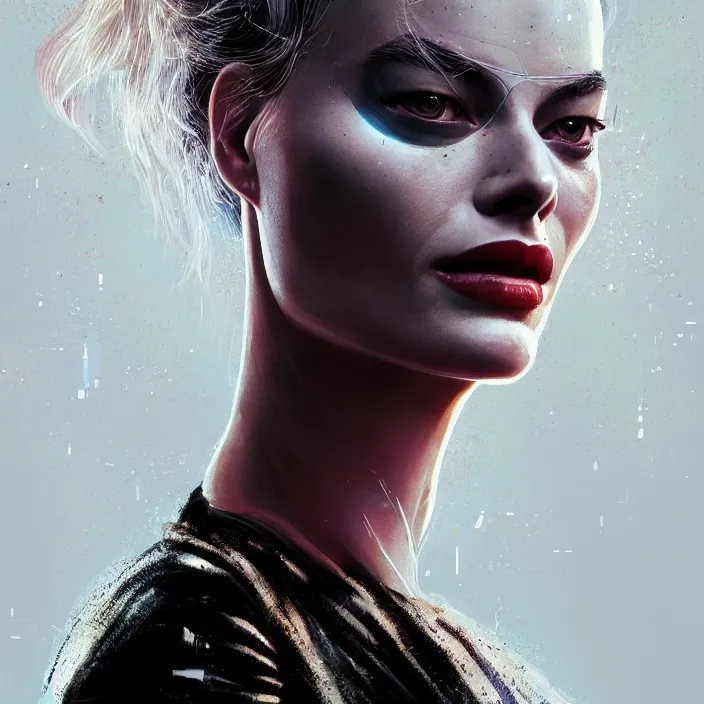 Image similar to portrait of Margot Robbie in The Matrix. intricate abstract. intricate artwork. by Tooth Wu, wlop, beeple, dan mumford. octane render, trending on artstation, greg rutkowski very coherent symmetrical artwork. cinematic, hyper realism, high detail, octane render, 8k, iridescent accents