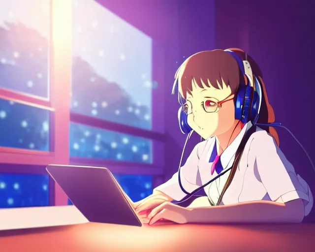 Image similar to anime fine details portrait of joyful school girl in headphones studying near monitor in her room at the table, evening, lamp, lo-fi, open window, dark city landscape on the background deep bokeh, profile close-up view, anime masterpiece by Studio Ghibli. 8k, sharp high quality anime