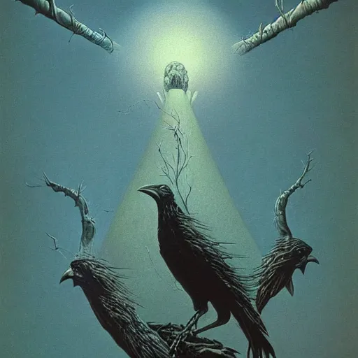 Prompt: artistic drawing of a surreal crow, made of engrenage by gerald brom and zdzisław beksinski, visionary, detailed, realistic, surreality