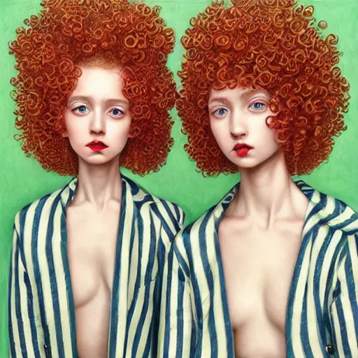 Image similar to red curly haired twins wearing striped clothes:: by Martine Johanna and Chie Yoshii and Casey Weldon:: ornate, dynamic, particulate, pastel colors, intricate, elegant, highly detailed, centered, artstation, smooth, sharp focus, octane render, 3d