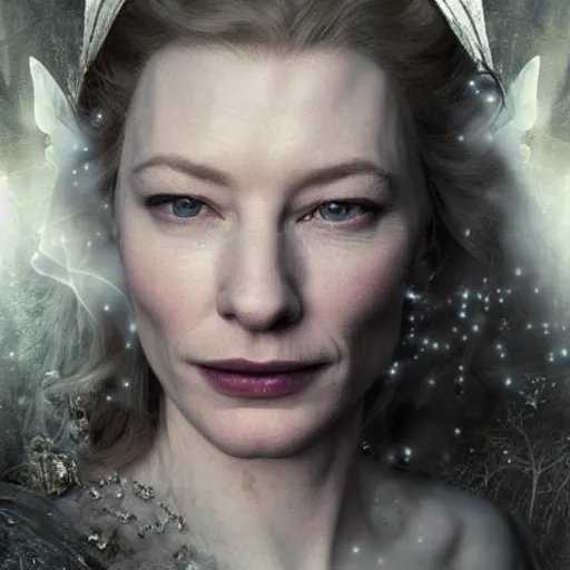 Prompt: portrait of ((mischievous)), baleful young Cate Blanchett as young Galadriel as a queen of fairies, dressed in a beautiful silver dress. The background is a dark, creepy eastern europen forrest. night, horroristic shadows, high contrasts, lumnious, photorealistic, dreamlike, (mist filters), theatrical, character concept art by ruan jia, thomas kinkade, and J.Dickenson, trending on Artstation